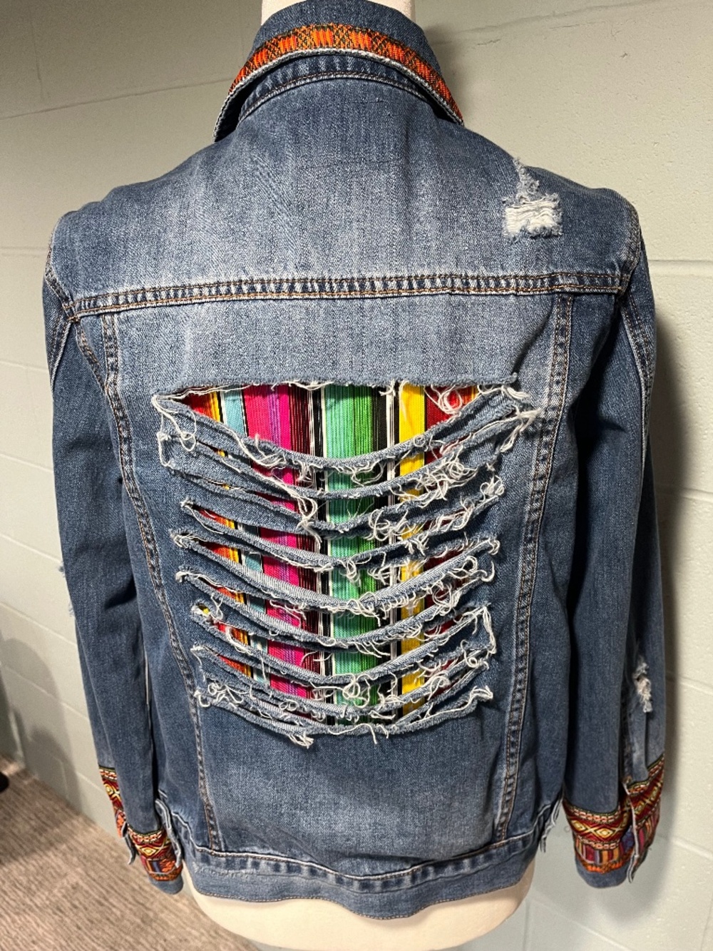 Jean Denim Jacket Distressed Multi-color Boho